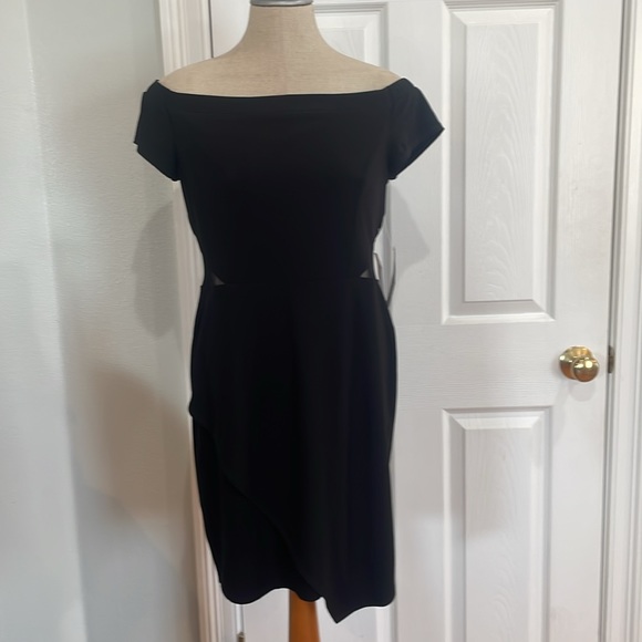 Bebe dress off the shoulder sexy illusion side cutouts mini black womens size 12 - Picture 1 of 15